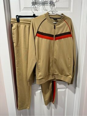 Jian Wang Tan Track Jacket with Red and Dark Brown Trim, slight stain, see pic